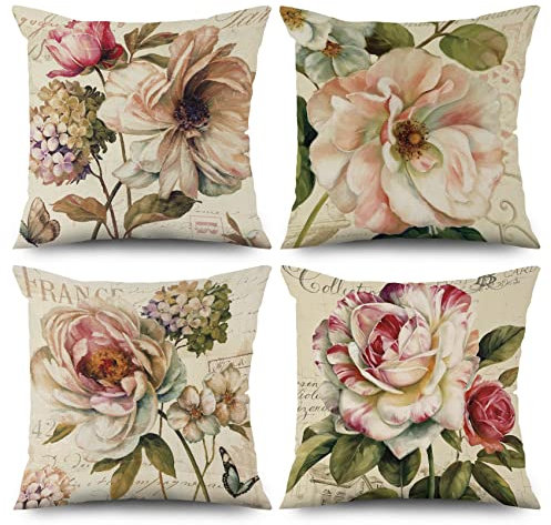 ASDCXZ Kissenbezug Retro Blumen 45x45 cm 4er Set, Retro Rose Blume Beige Sofa Kissen Dekokissen Kissenbezüge Kissenhülle Waschbar Polyester Flachs Textil Outdoor Polster Kopfkissenbezug Kissen Bezug