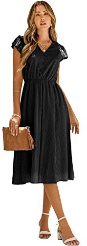 HEYPORK Damen Frühling Sommer Rock Bequem Lässig Kleider Mode Elegant Röcke Frauen Beiläufige Feste Farbe V-Ausschnitt Taille Abnehmender Frischer Stil Kleid(Schwarz, M)
