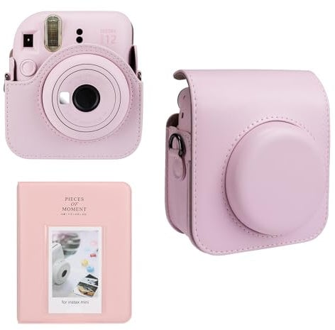 Meetikar Kameratasche und 64 Taschen Fotoalbum kompatibel mit Fujifilm Instax Mini 12 Sofortbildkamera, PU Leder tragbare Mini 12 Kameratasche mit verstellbarem Schulterriemen (Rosa)