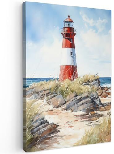 MuchoWow© Bilder 40x60 cm Wohnzimmer Deko Modern Wandbild Foto auf Leinwand Bild Schlafzimmer Room Decor Geschenke Maritime - Leuchtturm - Felsen - Meer - Natur - Maritim