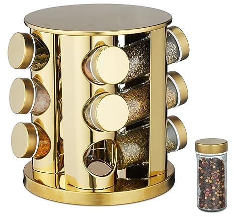 Relaxdays Spice Carousel, 12 Herb Jars, 360° Rotatable, Stainless Steel, Glass, HxØ: 22 x 20cm, Round Counter Rack, Gold, 22 x 20 x 20 cm