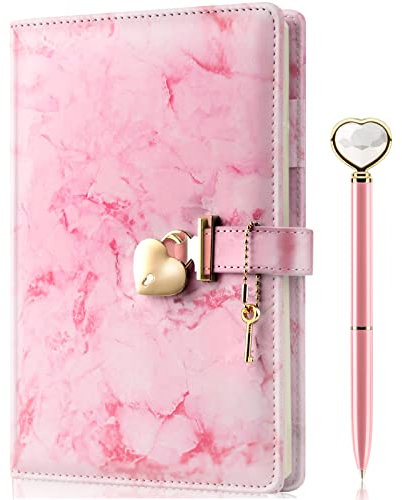 Mousbull Marble Diary with Lock and Key and Pen for Girls, Cute Heart Shaped Lock Journal for Women, Refillable A5 Vintage Secret PU Leather Notebook Gift for Teen Girls - Light Pink