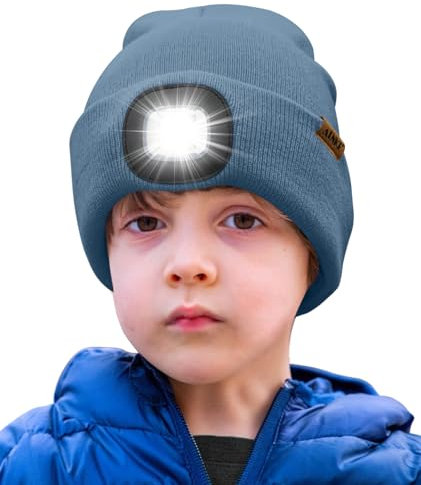 ATNKE Kids LED Beleuchtete Mütze mit Licht,Wiederaufladbare USB 4 LED Laufmütze Extrem Heller Lampe Winter Warme Stricken Mütze Großartig Geschenke für Jungen und Mädchen/Shadow Blue