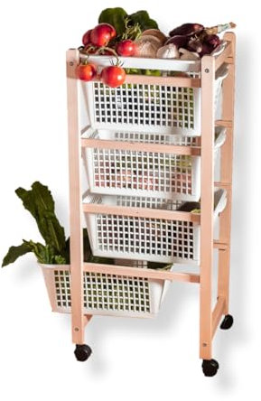 Mottiwood Carrello da Cucina, Carrelli Salvaspazio, 4 Ceste, Legno di Faggio Naturale, 36.2x30x82.3 cm, Montato, Made in Italy (Naturale)