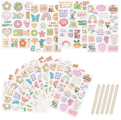 WANDIC 16 Blatt Transfer-Aufkleber-Set, 4 Stile, rosa Thema, selbstklebende Aufkleber, Blume, Regenbogen-Aufkleber für Scrapbooking, Tagebuch, Handwerk