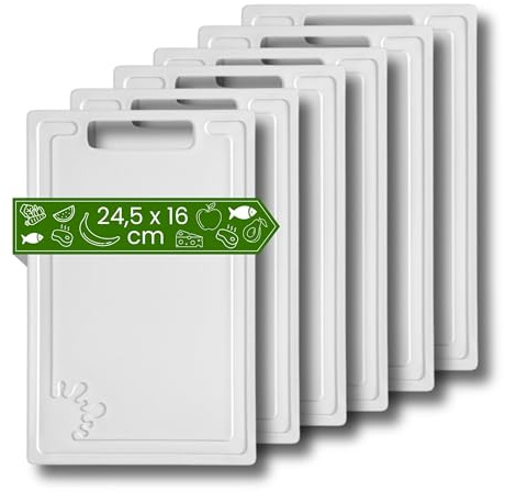Spoddy Plastic Breakfast Boards (Set of 6 White - 24.5 x 16 cm Small) - Board Dishwasher Safe - Breakfast Boards - Small Chopping Board with Non-Slip and Juice Groove - Stullenboards