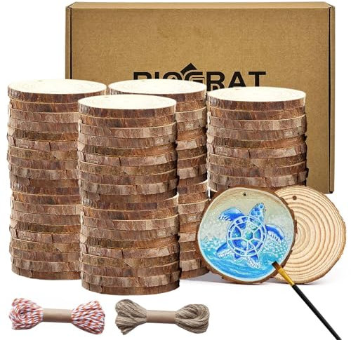 Rondin de Bois Deco 5-6 cm avec Trou, 80 pcs Tranche de Bois Naturel pré-percé,épaisseur 0,5 cm