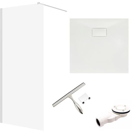 BADLAND Komplettes Set - Walk-In Dusche KETIL 80x195 + Duschwanne VIDAR 80x80 + Badwischer - Duschabtrennung Transparent Nano Glas, Duschtasse Quadratisch Weiß Steinoptik SMC mit Siphon Ø 90 mm
