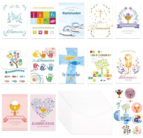 Hpbaggy 12er Set Kommunions-Glückwunschkarten,Kommunionskarten mit Umschlägen, Kommunion Karte,Premium Kommunionskarten,Karte Kommunion