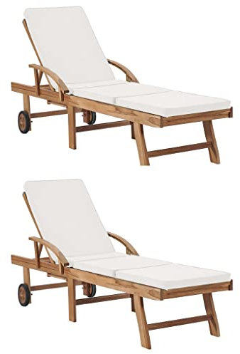 FUDUGEHMIOFWFJJ deckchair,liegestühle,sonnenbank,Sonnenliegen mit Auflagen 2 STK. Massivholz Teak CremeGeeignet für Garten, Pooldeck, Terrasse, Wohnzimmer