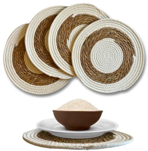 NARAMAKI® Tovagliette Sottopiatto Rotonde 32cm in Rattan - 4 Tessuto (Rattan e Tessuto, Tovagliette)