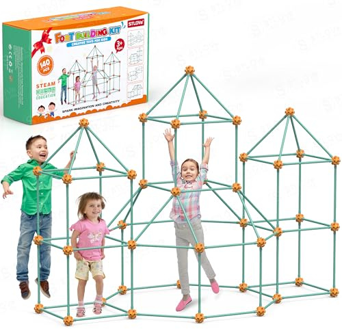 140 PCS Kids Fort Building Kits, STLOVe Educational Toys DIY Construction Castles, Den Building Kit Play Tent for Indoor& Outdoor, Play House Toy Building Sets for 5+Years Old-Green