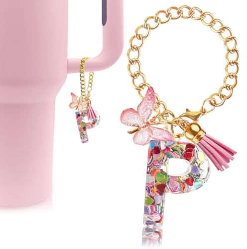 Velaco Letter Charm Accessories for Stanley Cup with Handle, Cute Initial Letter P Keychain Handle Charm with Butterfly for Stanley Tumbler for Women Girls