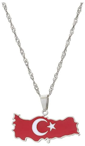 IOIUSKKU Collier à Breloques Tendance avec Cartes du Pays Turc, pour Toute Tenue, en Acier Inoxydable, Pendentif avec Drapeau Ethnique de la Turquie, Argent