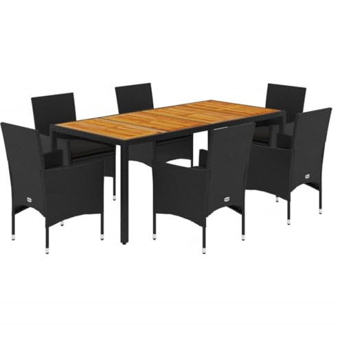 vidaXL Garten Essgruppe 7-TLG., Gartenmöbel Set mit Kissen, Gartengarnitur Tisch 6 Stühle, Lounge Sitzgruppe Sitzgarnitur, Schwarz Poly Rattan Akazie