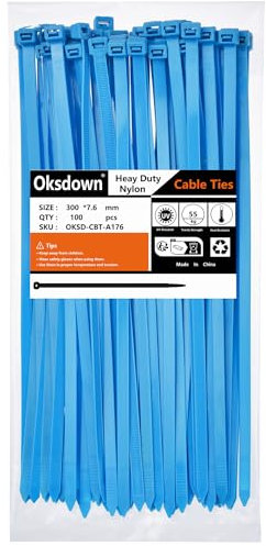 Oksdown 300 mm x 7,6 mm Collier de Serrage Plastique Bleu Serre Câbles Longs Rilsan Ultra Solides Résistant aux UV Attache Câble Lot de 100 Pièces