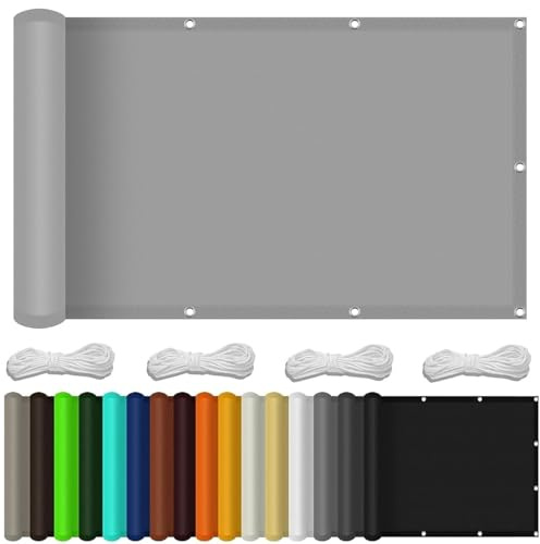 Balkon Sichtschutz mit Ösen 60 x 500 cm Premium Polyester Balkonbespannung Balkonverkleidung mit Ösen Kabelbinder Und Kordel für Garten Balkon Zaun Terrassen, Hellgrau