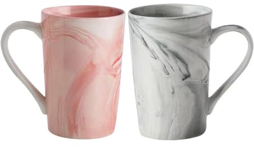 BEVKAF Ceramics Mugs, 350ml Marble Ceramic Cup for Home and Office, Microwave Dishwasher Safe, Set of 2 (Grey & Pink)