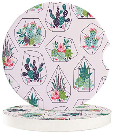 Vibiliyou A Set of 2 Pack Durable Car Coasters for Drinks with Holder,Geometric Cactus Flower Wallpaper Design,Absorbent Ceramic Car Accessories for Easy Removal of Auto Car,Auto Insert with Ghost