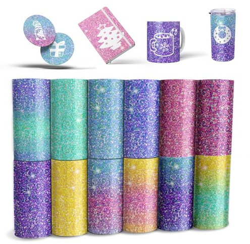 Glitzer-Transferbögen, 11,4 x 30,5 cm, Aquarell-Muster, vorgedrucktes Sublimationspapier für Tassen, Untersetzer, Rohlinge, DIY-T-Shirts, 12 Stück