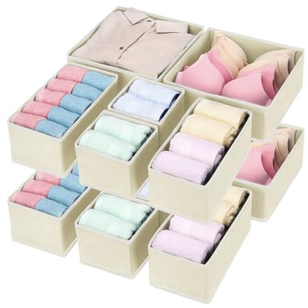 QUMENEY 12er-Pack Schubladen-Organizer faltbare Aufbewahrungsbox Stoff-Schubladenteiler Schrank-Garderobenwürfel für Kleidung BHs Socken Unterwäsche Krawatten Schals Handtücher (Beige)