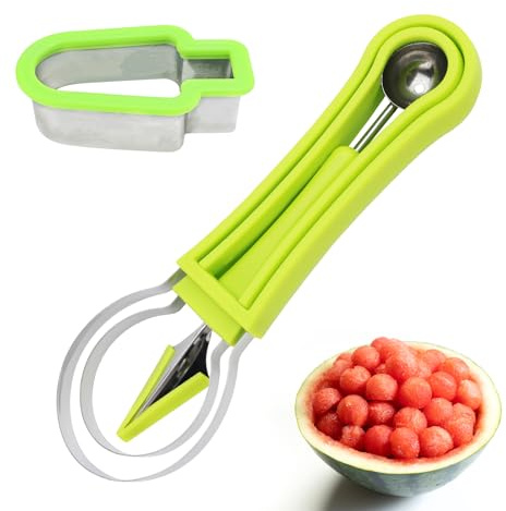 Rierousy 3 In 1 Obstschnitzmesser, DIY Wassermelonen Schneider Edelstahl, Kugelausstecher, Obstschneider, Melonenschneider