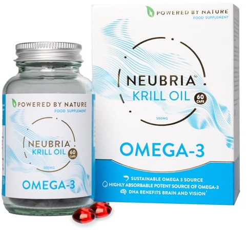 Neubria Krill Oil Omega-3 Capsules High Strength 1000mg | EPA & DHA with Marine Phospholipids, Astaxanthin & Choline | Antarctic Krill Oil | Cod Liver & Fish Oil Alternative | 60 Softgels