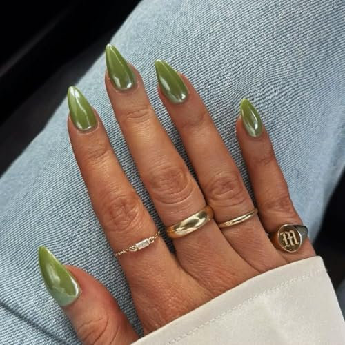 KQueenest Chrome Pastel Green Press on Nails Almond, Glazed Glitter False Nails Medium Stiletto, Acrylic Fake Nails Set with Bling Mirror Effect, Soft Gel Stick on Nail for Women Wedding 24 Pcs