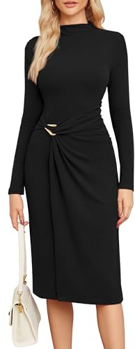 Newshows Jumper Dress for Women UK Long Sleeve Mock Neck Elegant Bodycon Pleated Winter Autumn Maxi Dresses -M Black