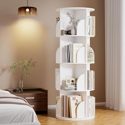 KALDJKS Drehbares Bücherregal 4 Stöckig Massivholz Drehbares Bücherregal, Standregal Büroregal Dekoregal 360° frei drehbar Büroregal, Aufbewahrungsregal Organisator, Weiß
