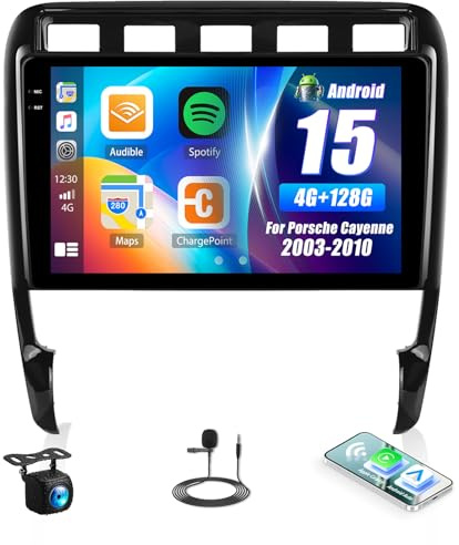 OiLiehu 4G+128G Android 15 Autoradio pour Porsche Cayenne 9pa 2003-2010 avec CarPlay Android Auto sans Fil, 9“ Écran Tactile Radio avec GPS WiFi Bluetooth Lien Miroir FM/RDS EQ SWC Caméra Arrière