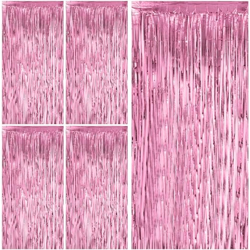 Gigmeta Lametta Vorhang 5 Stück Glitzervorhang Lametta, Glitzer Party Vorhang, Folien Fransen Hintergrund fur Party Deko Geburtstagsdeko Hochzeit Festivals Bühnendekor Weihnachten - Rosa 1m x 2m