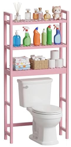 SMIBUY Mensola portaoggetti per bagno, portaoggetti in bambù sopra il WC, salvaspazio per WC indipendente con ripiani regolabili a 3 livelli (Rosa)