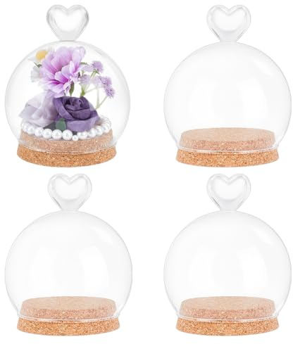 nbeads 4 Stück Dekorative Gläser Vitrine, 7.6x10.4cm Herzförmige Glaskuppel Displayglocke Dekorative Glaskuppelabdeckung Für Probenpflanzen Felsen Blumen Aufbewahrung Kunstausstellung, Runde