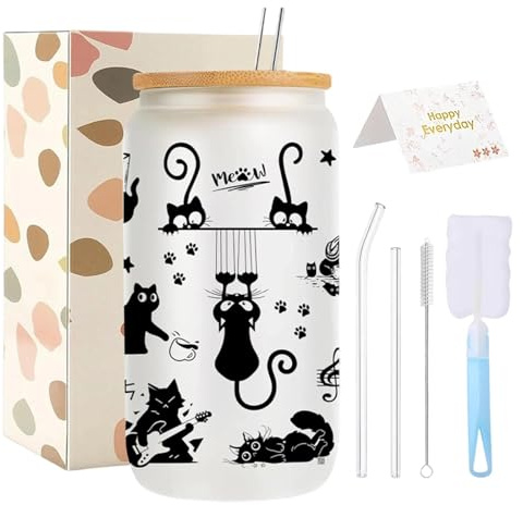 Fakcrkun Black Cats Glass Cups with Lids and Straws, Black Cat Gifts for Cat Lovers, 16 Oz Drinking Glasses for Juice Coffee Cocktail Whiskey