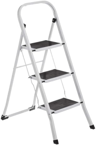 Escalera plegable de 3 peldaños de acero color blanco de 46x71x105 cm | Alta calidad, lista para usar (6,2 kg). Ideal para alcanzar altura en casa con seguridad.