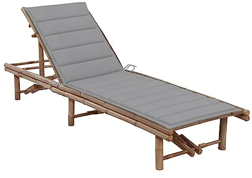 Hoopleep Chaise longue de jardin, en bambou, avec coussin, gris, réglable, 200 x 65 cm, pour extérieur, terrasse, piscine, chaise longue confortable pour la détente et les bains de soleil