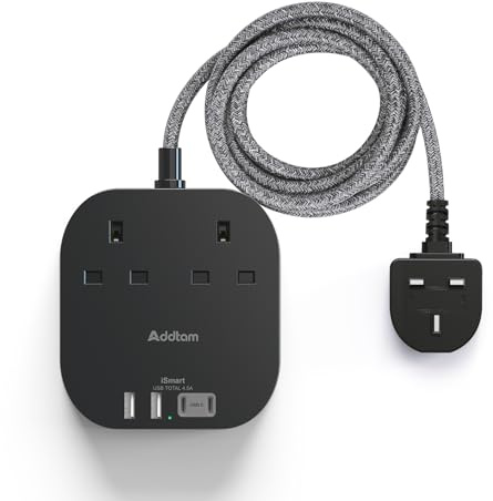 Addtam Extension Lead with USB Slots, Power Strips with 2 Way Outlets 4 USB | (4.5A, 2 Type C and 2 USB A Ports) Surge Protection Plug Socket with 3 Meter Braided cord, Suitable for Home and Office