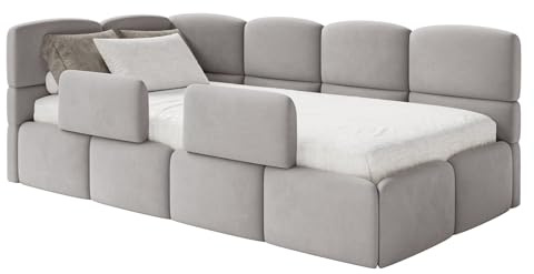 Selsey Jugendbett 120x200cm Hellgrau mit Matratze und Lattenrost, gepolstertes Polsterbett mit Stauraum und Bettkasten, Kinderbett mit 2 Schutzbarrieren, Jugendbett linksseitig mit Eckkopfteil