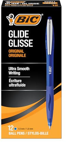 BIC Glide Druckkugelschreiber, mittlere Spitze (1,0 mm), blau, bequemer Gummigriff für glattes Schreiben, 12 Stück