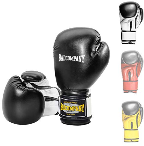 Bad Company Boxhandschuhe aus Kunstleder mit Belüftungssystem und breiter Box-Bandage mit Klettverschluss in verschiedenen Farbkombinationen für das Boxtraining, Sparring und Kickboxen I Gewichtsklassen 10 oz - 16 oz