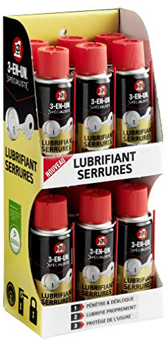 3-En-UN Technique Lubrifiant Serrures Aérosol Lubrifie proprement Pénètre et débloque Idéale en cas de gel, Formule ultra fluide, 100 ML, Carton de 12, Or, 33463/10