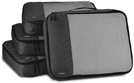 Amazon Basics Packwürfel Set für Koffer, Reise Organizer, Reißverschluss, 4 Teilig, Groß, Schwarz