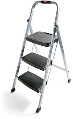 Rubbermaid RM-3W Klappbarer Hocker mit 3 Stufen, Stahlrahmen, Handgriff und Kunststoffstufen, 90 kg Kapazität, Silber-Finish
