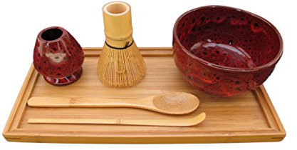 BambooMN Brand - Matcha Bowl Set (Includes Bowl, Rest,Tea Whisk, Chasaku, Tea Spoon & Tray) 1 Set Deep Red w/Black