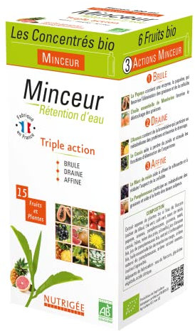 NUTRIGÉE - Minceur Rétention d'Eau - Boisson Concentrée Bio - Triple Action - Brûle, Draine & Affine - 9 Plantes Bio & 6 Fruits Bio - 2 x 10ml /Jour - 300 ml - Programme 15 Jours - Fabriqué en France