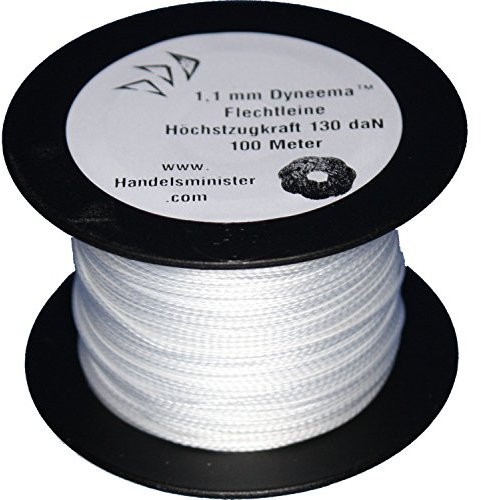 Dyneema Drachenschnur 130daN weiß 1,1mm sehr dehnungsarm geflochten Einleiner Lenkdrachen, Länge: 100m, Durchmesser: 1.1mm Bruchlast: 130daN