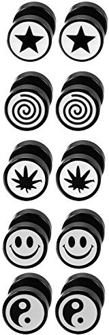 Flongo 5 Paare Herren Ohrstecker Edelstahl Illusion Herren Ohrringe Gestüt Stecker Fake Tunnel verjüngt Cheater Faux Fake Emoticon Ohrstecker Schwarz Charm Charme männer frauen Ohrschmuck Schwarz