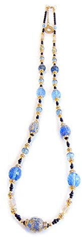 VENEZIA CLASSICA - Damen-Halskette 85 cm lang mit original Muranoglasperlen, Kollektion Diana, blau mit Blatt aus 24-karätigem Gold, handgemacht in Italien, zertifiziert