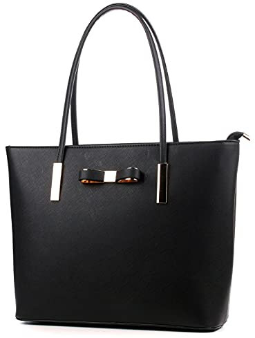 Wedmay 16 Inch Large Tote Bag for Women - PU Leather Laptop Handbag with Zip Compartments, Water-Repellent Black Shopper Bag for Work, School, Travel & Daily Commute